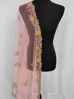 Net pink dupatta with gold embroidered cut work with small pearls